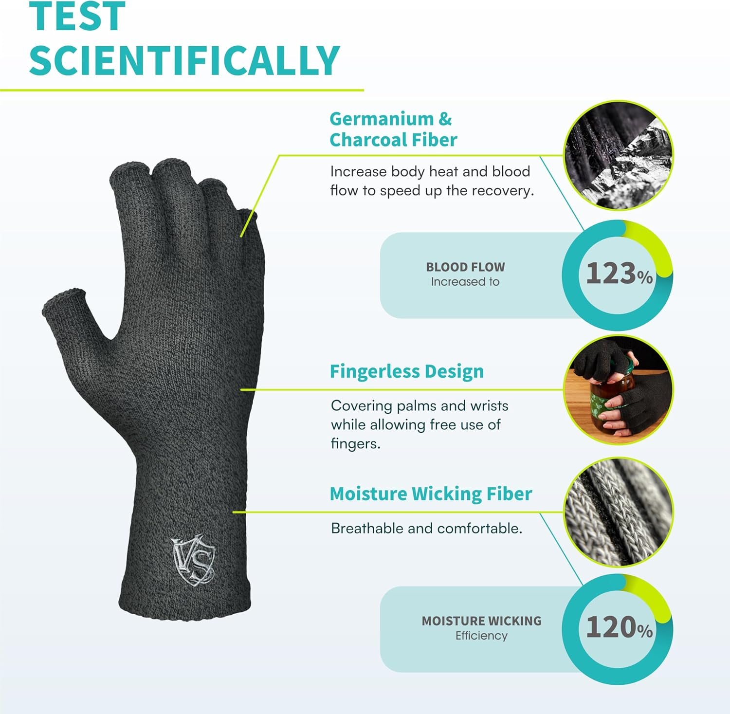 Vital Salveo Germanium & Charocal Fingerless Recovery Gloves,Half Finger Gloves,Arthritis,Stretchy Hands Office, Typing Texting,Circulation,For Men and Women (Pair) image number 5