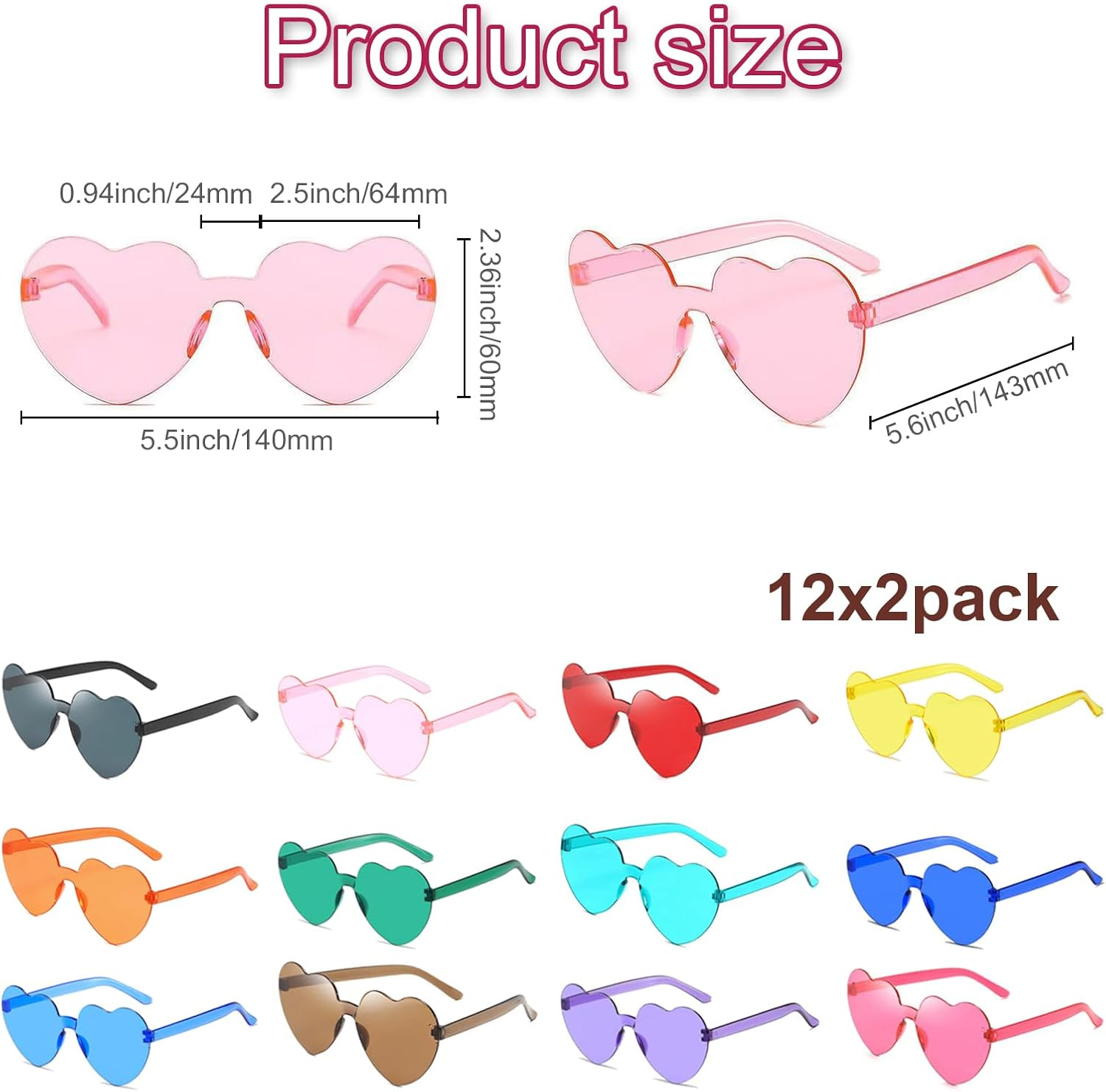 24 Pairs Heart Shaped Sunglasses Bulk, Colorful Heart Sunglasses, Color Rimless Sunglasses, Plastic Eyeglasses, Clear Candy Color Party Glasses for Women Girls Birthday Party Favors image number 2